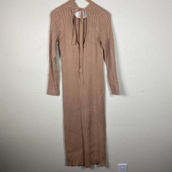 NEW Wayf Ribbed Knit Sweater Dress Midi Tan Cutout Tie Emily x Dede Size Medium - Picture 7 of 10